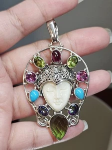 Bali Goddess Pendant Carved Face Sterling Silver 925 Multi Gemstone - Picture 1 of 7