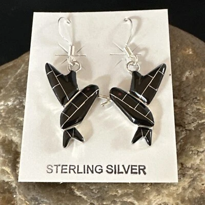 Black Onyx Navajo Indian Sterling Silver HummingBird Earrings Size 1" 15090 - Image 1 of 4