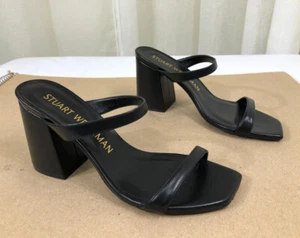 NEW STUART WEITZMAN Flareblock 85 Calf Leather Straps Slide Sandal US 9.5 Black - Picture 1 of 21