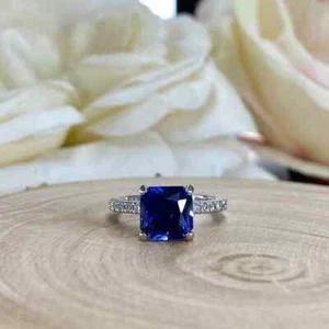 2.30 CT Princess Cut Natural Sapphire & Diamond Wedding Ring 14K White Gold Sz 7 - Picture 1 of 9