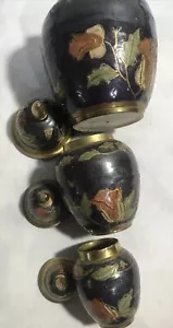 VINTAGE ASIAN ORIENTAL BRASS ENAMEL FLORAL DECORATIVE 3x GINGER JARS / SET Blue - Picture 1 of 12