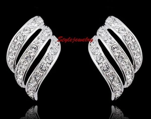 White Gold Filled Feather Inspired Stud Earring Made With Swarovski Crystal IE17 - Picture 1 of 5
