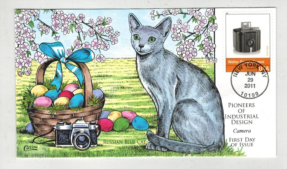 COLLINS HANDPAINTED PIONEERS INDUSTRIAL DESIGN OLD CAMERA & RUSSIAN BLUE CAT - Image 1 of 1