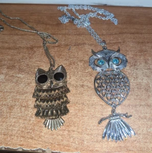 Vintage Owl Necklaces Pair 1960s Costume Jewelry - Picture 1 of 10