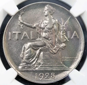 1928-R, Italy, Victor Emmanuel III. Nickel 1 Lira Coin. Better Date! NGC AU-58! - Picture 1 of 3