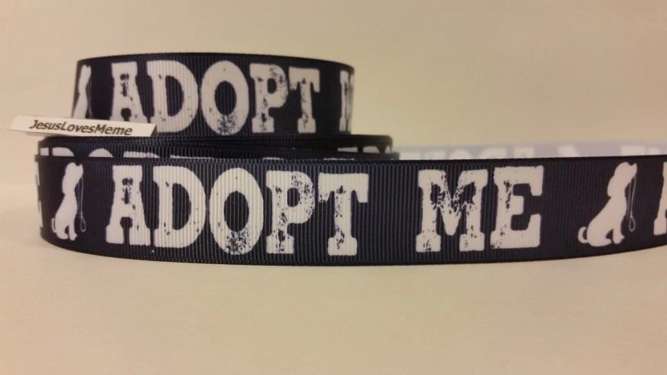 Grosgrain Ribbon, Adopt Me on Dark Navy, Doggie Holding Leash, Antique Look, 1" - Image 1 of 1
