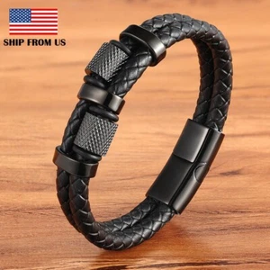 Men's Stainless Steel Genuine Leather Strength Fashion Bangle Wrap Bracelet Gift - Picture 1 of 10