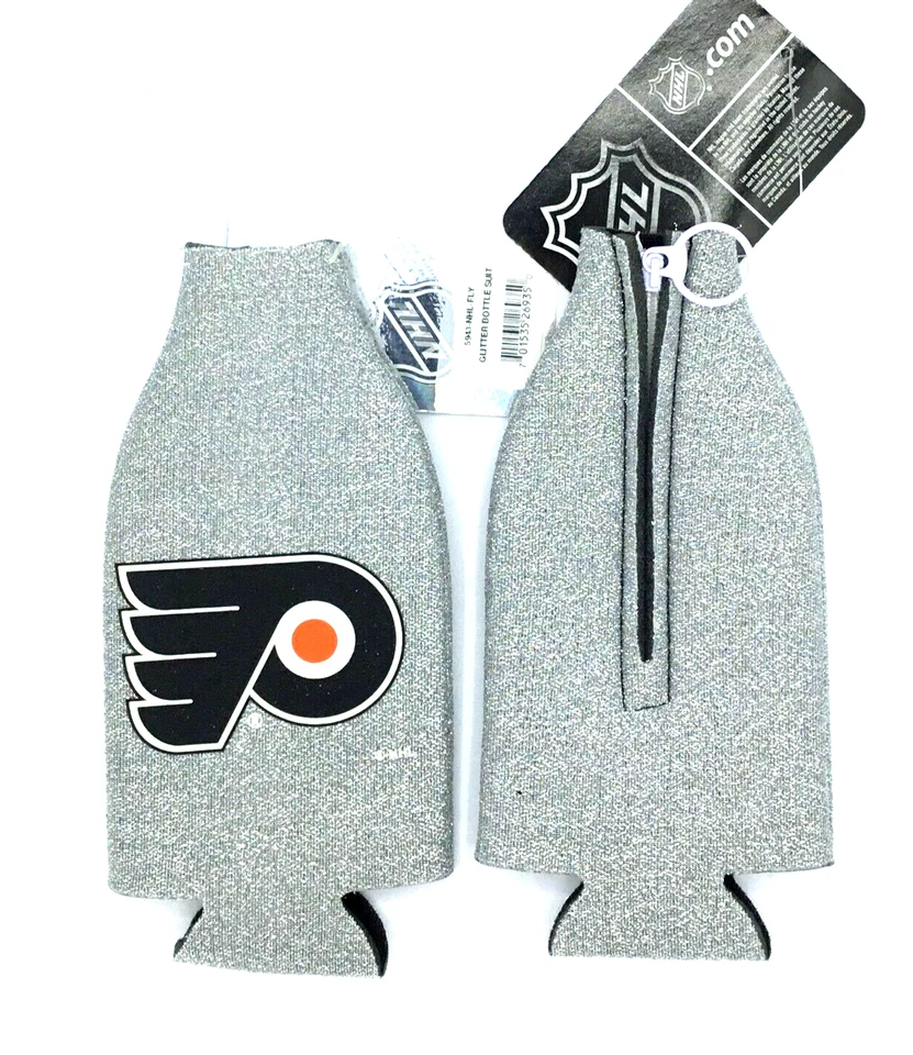 2PK PHILADELPHIA FLYERS SILVER GLITTER ZIPPERED BOTTLE KOOZIES COOLERS FREE SHIP - Image 1 of 1