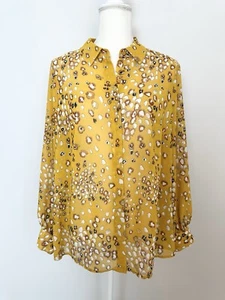 Alfani Womens Button Down Blouse Size 0X Yellow Animal Print Sheer Long Sleeves - Picture 1 of 12