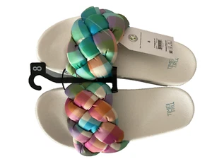 TIME & TRU WHITE Braided Gingham Sandal Pool Slides FLAT SHOES Sz 8*