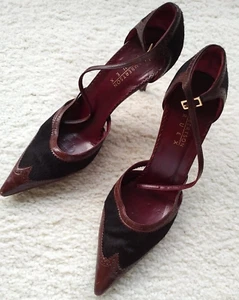 Lambertson Truex ankle strap pumps shoes heels brown leather 6.5 black pony hair - Picture 1 of 14