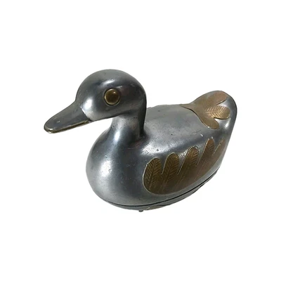 Vintage Etched Pewter with Brass Duck Covered Trinket Dish 4" x 5" Hong Kong - Image 1 of 4