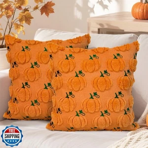 MEHOFOND Fall Throw Pillow Covers 18x18, Set of 2 Orange Pumpkin Decorations, - Picture 1 of 5