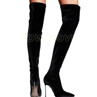 Sexy Women's High Heels Plus Size Gold Velvet Clubwear Elastic Knee High Boots - image 1 of 4