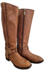 Tory Burch Amanda Leather Tall Riding Boots Cognac Women 5M Zip Medallion Logo - Picture 1 of 15