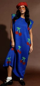 Dressed In Lala Oversized Blue Red Cherry Pie Knit Sweater Maxi Dress Sz 2XL 3XL - Picture 1 of 19