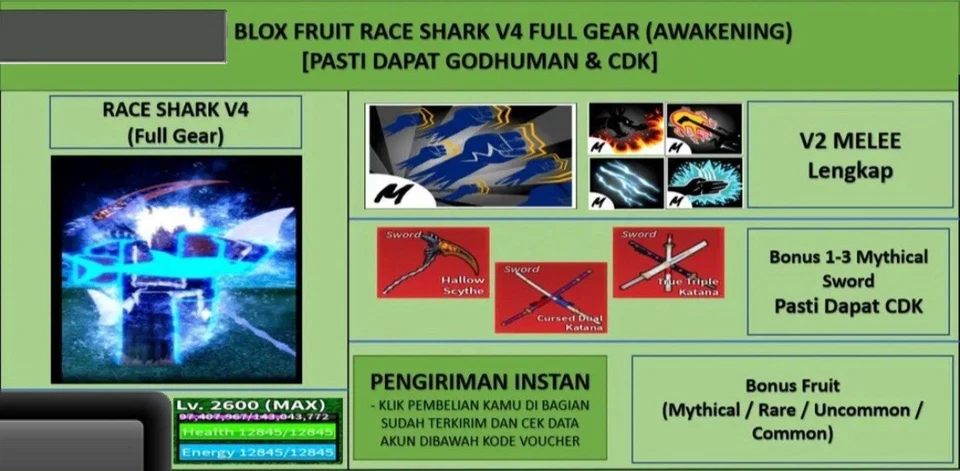 Blox Fruits - Race Shark V4 Full Gear (Awakening) (Godhuman + CDK) - Image 1 of 4