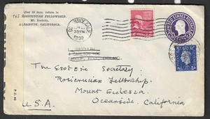 Oceanside, Cal. 1939 censored prexie cover to UK returned, MIXED FRANKING - Picture 1 of 3