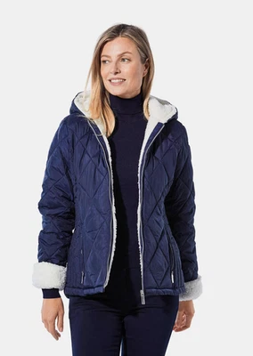 Weatherproof Womens Puffer Jacket Navy Sherpa Trim Quilted Full Zip Hooded M NWT - Image 1 of 4