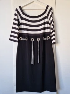 JOSEPH RIBKOFF 12 Women's Black White Sheath Dress Grommet Belted Waist Designer - Picture 1 of 10