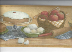 * WALLPAPER BORDER KITCHEN BAKING CAKE BREAD APPLES EGGS STONEWARE COUNTRY - Picture 1 of 5