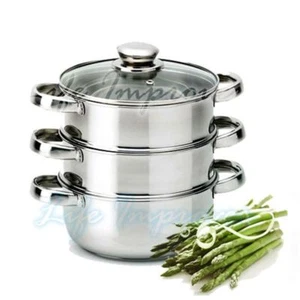BATERIA DE COCINA 3 PIEZAS ACERO INOXIDABLE CON TAPA DE CRISTAL COCINA AL VAPOR - Picture 1 of 1