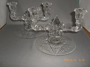 2 NEW MARTINSVILLE GLASS 2 LITE TEARDROP CANDLEHOLDERS FLORAL LINES POLISH CUT - Picture 1 of 3
