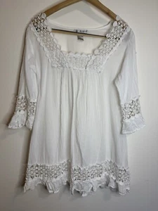Cute Options Tunic Gauze Cotton Blouse Crochet Square Neck Boho Size L EUC - Picture 1 of 6