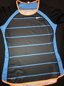 Nike Dri-Fit Shirt Womens Sz.SP-polyester-Black-Blue/Orange Stripes-L.Sleeve