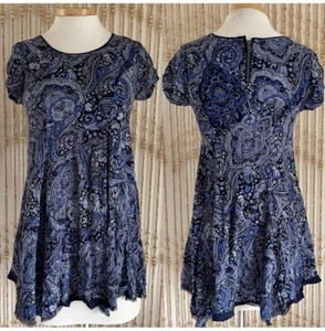 Silence & Noise UB Boho Paisley Navy Short Sleeve Flowy Shirt Festival Dress XS - Picture 1 of 4