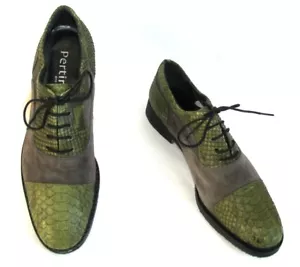 Pertini - Derbyschuhe Aus Grauem Veloursleder Und Grüner Python 37 - Neu - Bild 1 von 6