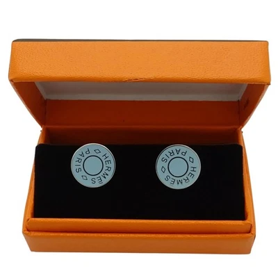 Hermes Manschettenknöpfe LOGO Silber / Hellblau Herren Accessoires Lost Box - Bild 1 von 4