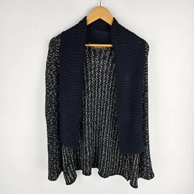 Maggie T Cardigan Womens Size 1 Black Gold Knit Short Sleeve Open Front Longline - image 1 of 4