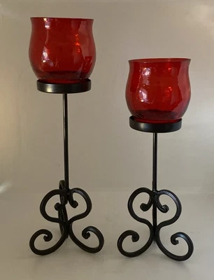 Rustic Iron Votive Candle Holders with Red Crackle Glass, Set of 2 By San Miguel - Image 1 of 4