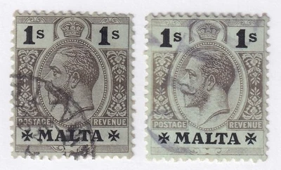 MATT'S STAMPS MALTA SCOTT #59, #59a EDWARD VII 1-SHILLING, 1914-21, USED CV$82 - Image 1 of 3