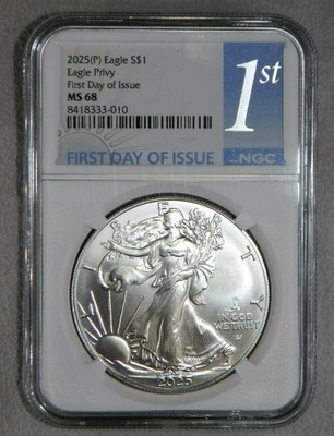 2025-P American Silver Eagle com etiqueta especial Eagle Privy Mark NGC MS 68 FDOI - Imagem 1 de 4