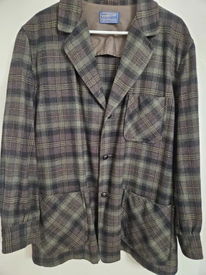 Pendleton Vintage Brown plaid button up Virgin Wool blazer long sleeve size L. - Image 1 of 4