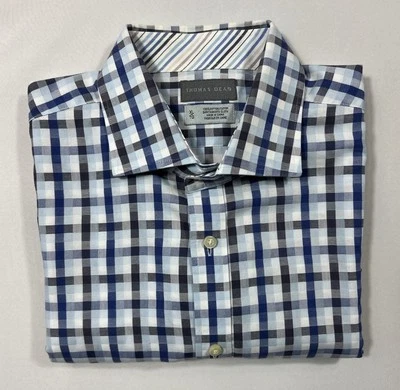 Camisa social masculina Thomas Dean algodão LS botão azul branco xadrez padrão GG - Imagem 1 de 4