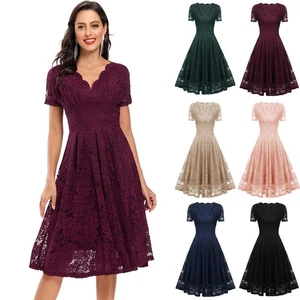 Women Ladies Vintage Skater Dress Wedding Cocktail Prom Lace Dresses Bridesmaid - Picture 1 of 31