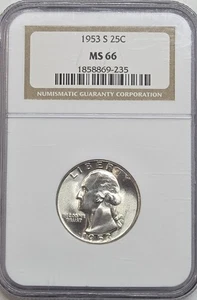 1953 S  Washington Quarter NGC "MS-66 Outstanding Quarter 90% Silver #A-334 - Picture 1 of 4