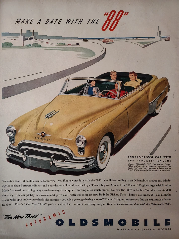 1949 LIFE Ad Advertisement Futuramic OLDSMOBILE Yellow 88 Convertible Coupe! - Image 1 of 1