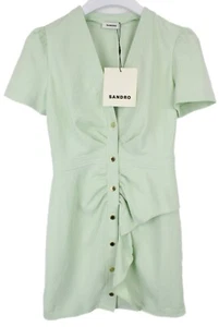 SANDRO Emerson Dress Women's (EU) 36 Ruffled Shift Snap Buttons Mini Green - Picture 1 of 11