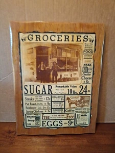 Vintage 1903 Wooden GROCERIES Sign Black  White Lettering Prices Eggs Farmhouse  - Picture 1 of 5