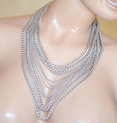 Collana donna girocollo lunga argento collier multi fili catena anelli UX41 - Immagine 1 di 4