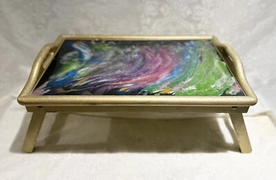 Epoxy Resin Art Bed Tray Breakfast Serving Table Laptop Desk Table Folding Legs - Image 1 of 4