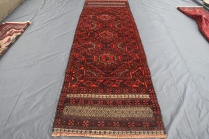 3x10 ft Wide Runner Rug, Red Black Antique Bokhara Rug, Handmade Wool Tribal Rug - Picture 1 of 15