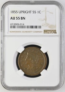 1855 Braided Hair Large Cent 1C - Upright 55 1C - NGC AU55 BN - Picture 1 of 6