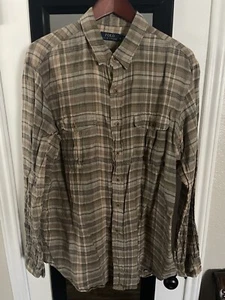 Polo Ralph Lauren Mens XLarge Beige Plaid Button Up 100% Linen Long Sleeve Shirt - Picture 1 of 8