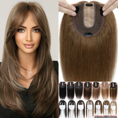 Silk Top Toupee Real Remy Human Hair Topper For Women Clip In Mono Hairpiece 16" - Image 1 of 4