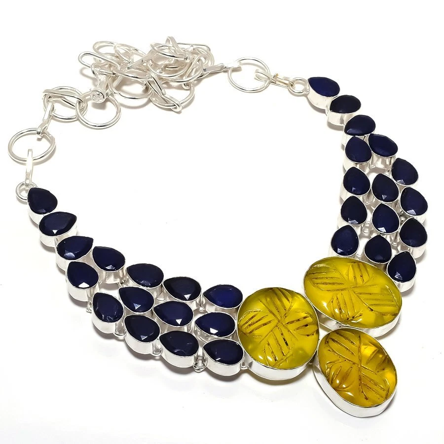 Collar de joyería de plata 925 hecho a mano de ónix amarillo, piedras preciosas de zafiro 18" R-1471 Foto 1 de 1